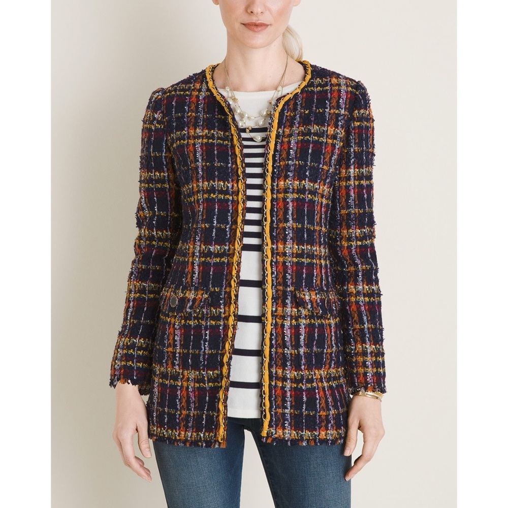 Chico’s Multicolor Plaid Bouclé Tweed Open Front Casual Statement Blazer Jacket